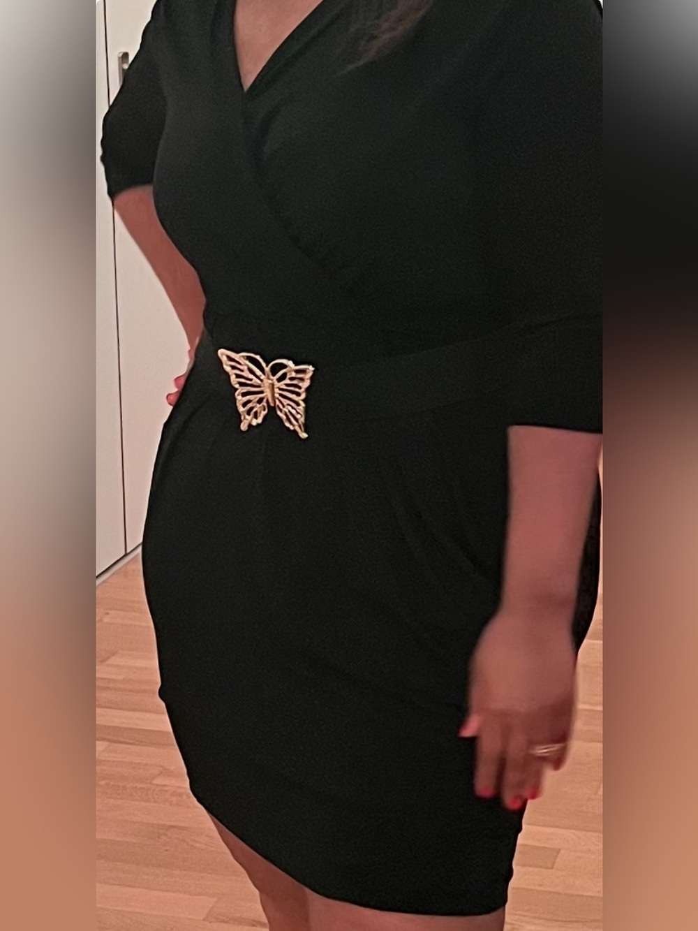 Elegant Black Bodycon Dress with pockets & Butterfly Belt Combo